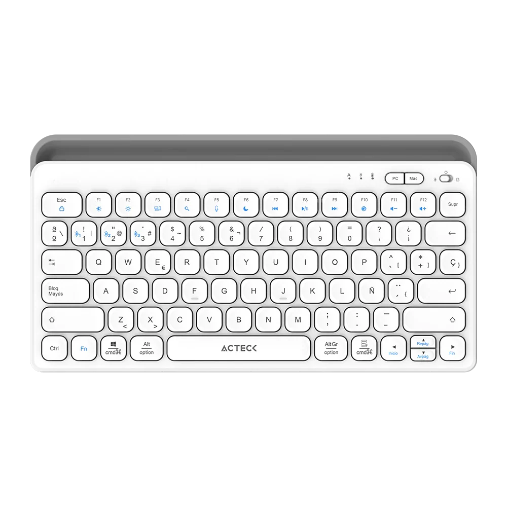 Teclado Acteck Inspire Trek TI737 — Inalámbrico Dual, multidispositivo, recargable, con 78 teclas y distribución en español, compatible con Windows, macOS y Android, carga USB-C, color blanco-gris.