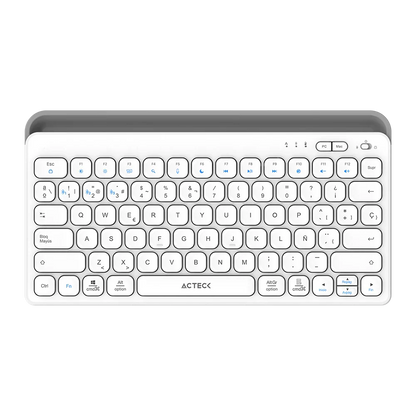 Teclado Acteck Inspire Trek TI737 — Inalámbrico Dual, multidispositivo, recargable, con 78 teclas y distribución en español, compatible con Windows, macOS y Android, carga USB-C, color blanco-gris.