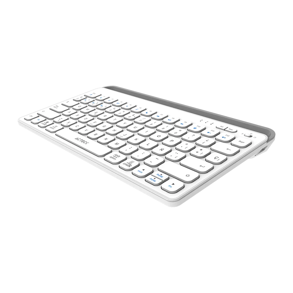 Teclado Acteck Inspire Trek TI737 — Inalámbrico Dual, multidispositivo, recargable, con 78 teclas y distribución en español, compatible con Windows, macOS y Android, carga USB-C, color blanco-gris.