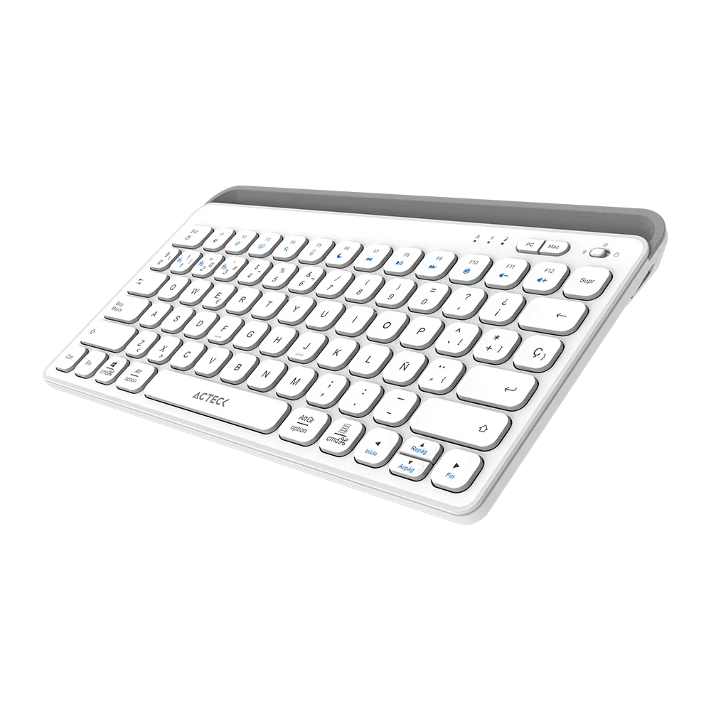 Teclado Acteck Inspire Trek TI737 — Inalámbrico Dual, multidispositivo, recargable, con 78 teclas y distribución en español, compatible con Windows, macOS y Android, carga USB-C, color blanco-gris.