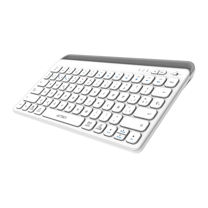 Teclado Acteck Inspire Trek TI737 — Inalámbrico Dual, multidispositivo, recargable, con 78 teclas y distribución en español, compatible con Windows, macOS y Android, carga USB-C, color blanco-gris.