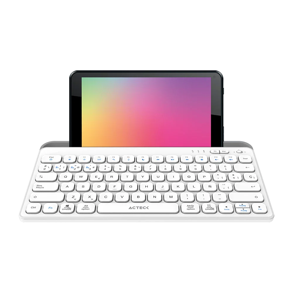 Teclado Acteck Inspire Trek TI737 — Inalámbrico Dual, multidispositivo, recargable, con 78 teclas y distribución en español, compatible con Windows, macOS y Android, carga USB-C, color blanco-gris.
