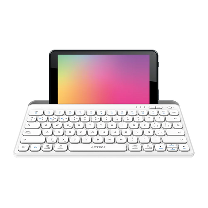 Teclado Acteck Inspire Trek TI737 — Inalámbrico Dual, multidispositivo, recargable, con 78 teclas y distribución en español, compatible con Windows, macOS y Android, carga USB-C, color blanco-gris.