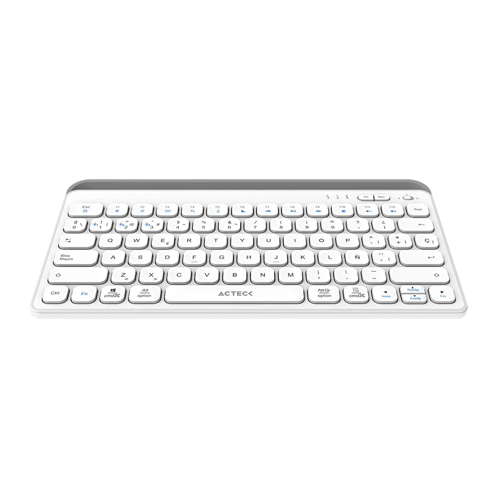 Teclado Acteck Inspire Trek TI737 — Inalámbrico Dual, multidispositivo, recargable, con 78 teclas y distribución en español, compatible con Windows, macOS y Android, carga USB-C, color blanco-gris.