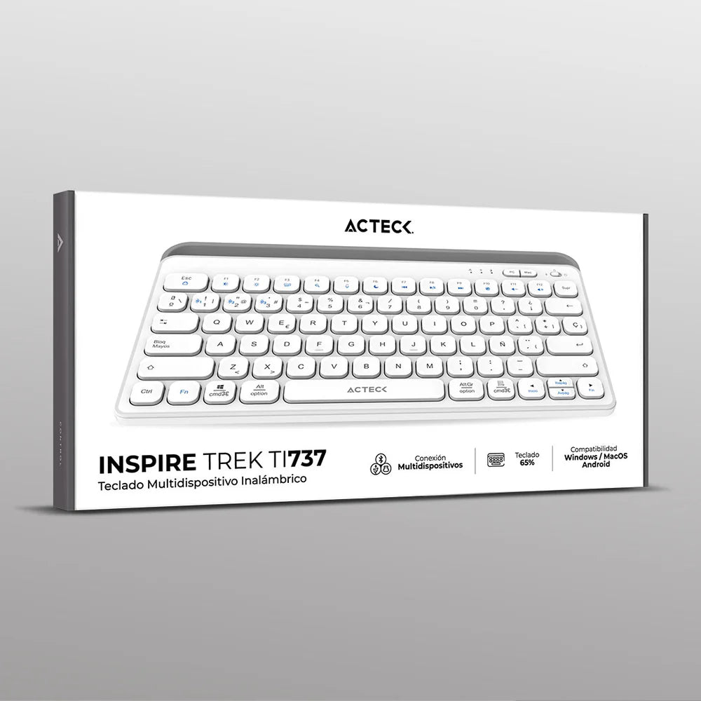 Teclado Acteck Inspire Trek TI737 — Inalámbrico Dual, multidispositivo, recargable, con 78 teclas y distribución en español, compatible con Windows, macOS y Android, carga USB-C, color blanco-gris.