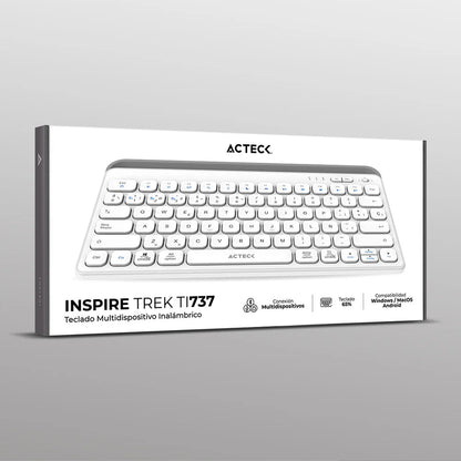 Teclado Acteck Inspire Trek TI737 — Inalámbrico Dual, multidispositivo, recargable, con 78 teclas y distribución en español, compatible con Windows, macOS y Android, carga USB-C, color blanco-gris.