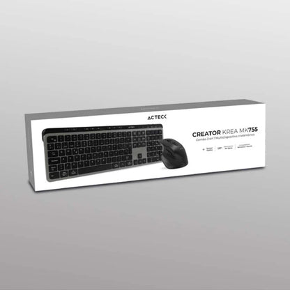Kit Acteck Creator Krea MK755 — Teclado y Mouse Inalámbricos, con conectividad dual (Bluetooth + dongle USB), función multidispositivo, batería recargable, teclado en español de 118 teclas y mouse óptico de hasta 2000 DPI, color negro-gris.