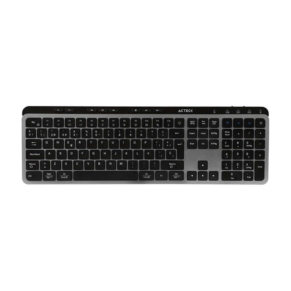 Kit Acteck Creator Krea MK755 — Teclado y Mouse Inalámbricos, con conectividad dual (Bluetooth + dongle USB), función multidispositivo, batería recargable, teclado en español de 118 teclas y mouse óptico de hasta 2000 DPI, color negro-gris.