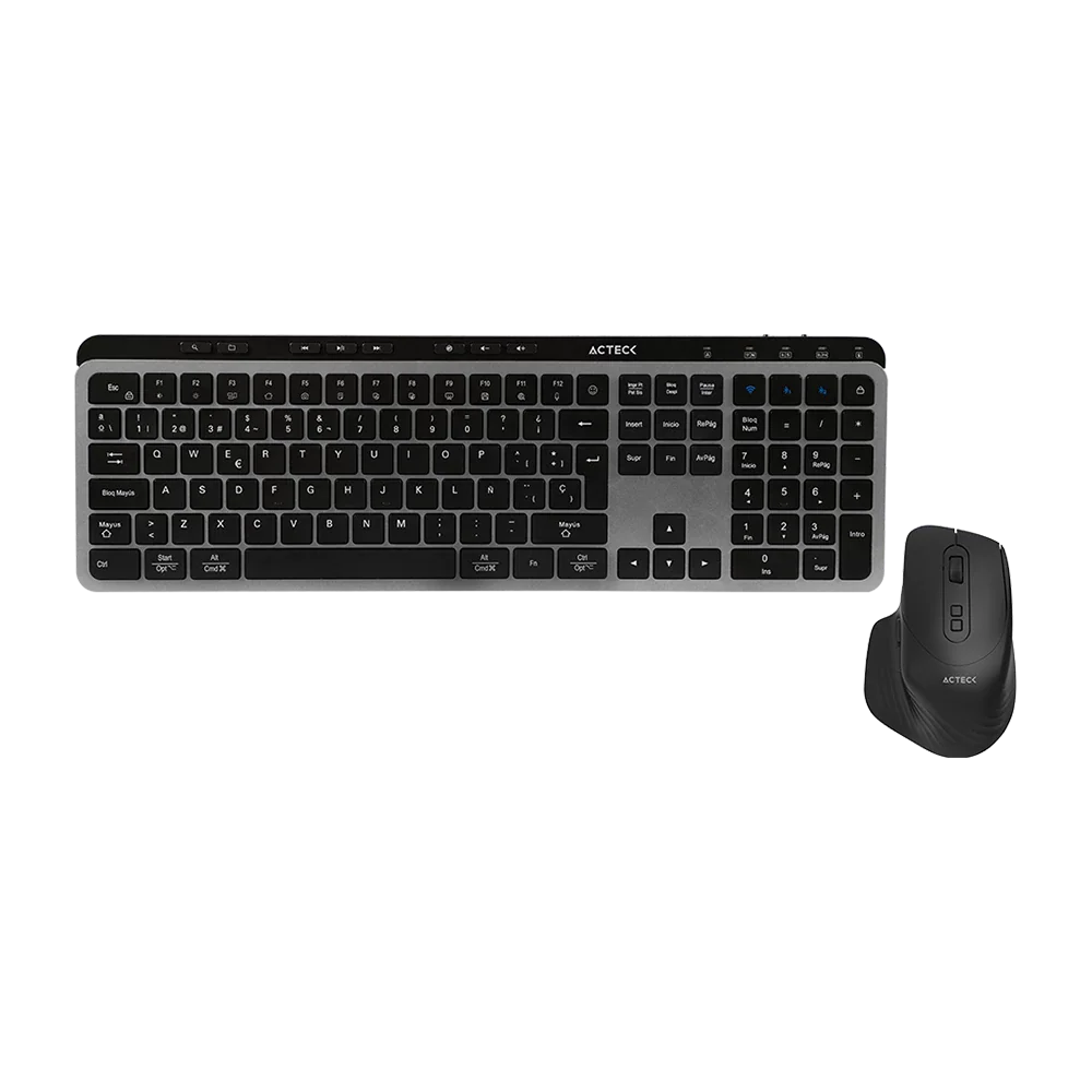 Kit Acteck Creator Krea MK755 — Teclado y Mouse Inalámbricos, con conectividad dual (Bluetooth + dongle USB), función multidispositivo, batería recargable, teclado en español de 118 teclas y mouse óptico de hasta 2000 DPI, color negro-gris.
