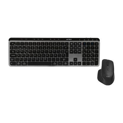 Kit Acteck Creator Krea MK755 — Teclado y Mouse Inalámbricos, con conectividad dual (Bluetooth + dongle USB), función multidispositivo, batería recargable, teclado en español de 118 teclas y mouse óptico de hasta 2000 DPI, color negro-gris.