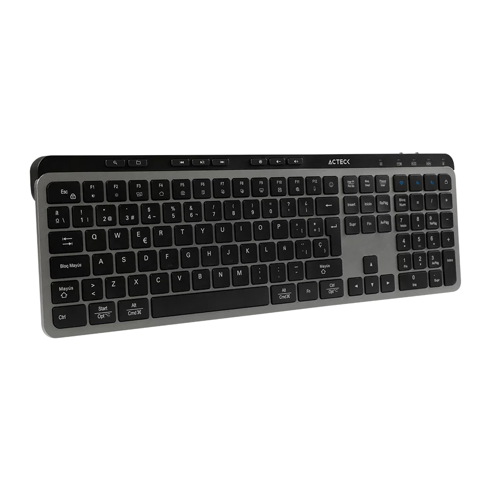 Kit Acteck Creator Krea MK755 — Teclado y Mouse Inalámbricos, con conectividad dual (Bluetooth + dongle USB), función multidispositivo, batería recargable, teclado en español de 118 teclas y mouse óptico de hasta 2000 DPI, color negro-gris.
