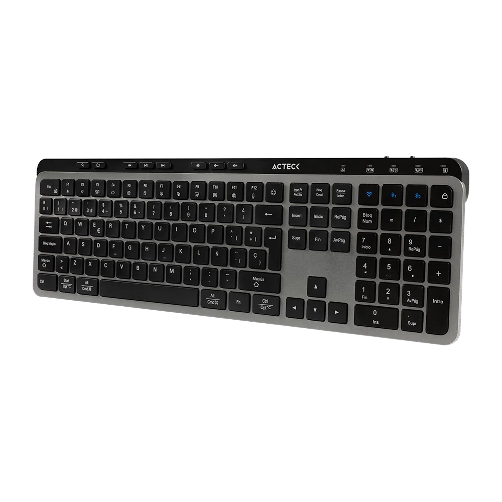 Kit Acteck Creator Krea MK755 — Teclado y Mouse Inalámbricos, con conectividad dual (Bluetooth + dongle USB), función multidispositivo, batería recargable, teclado en español de 118 teclas y mouse óptico de hasta 2000 DPI, color negro-gris.