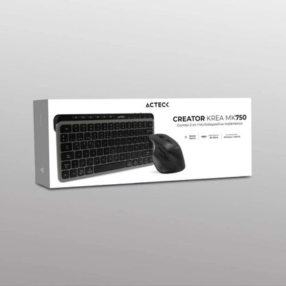 Kit Acteck Creator Krea MK750 — Teclado y Mouse Inalámbricos, con conectividad dual (Bluetooth + dongle), multidispositivo, recargable, teclado en español de 118 teclas y mouse óptico de hasta 2000 DPI, color negro-gris.