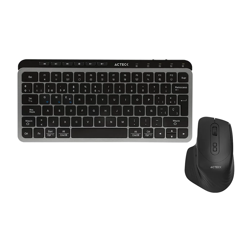 Kit Acteck Creator Krea MK750 — Teclado y Mouse Inalámbricos, con conectividad dual (Bluetooth + dongle), multidispositivo, recargable, teclado en español de 118 teclas y mouse óptico de hasta 2000 DPI, color negro-gris.