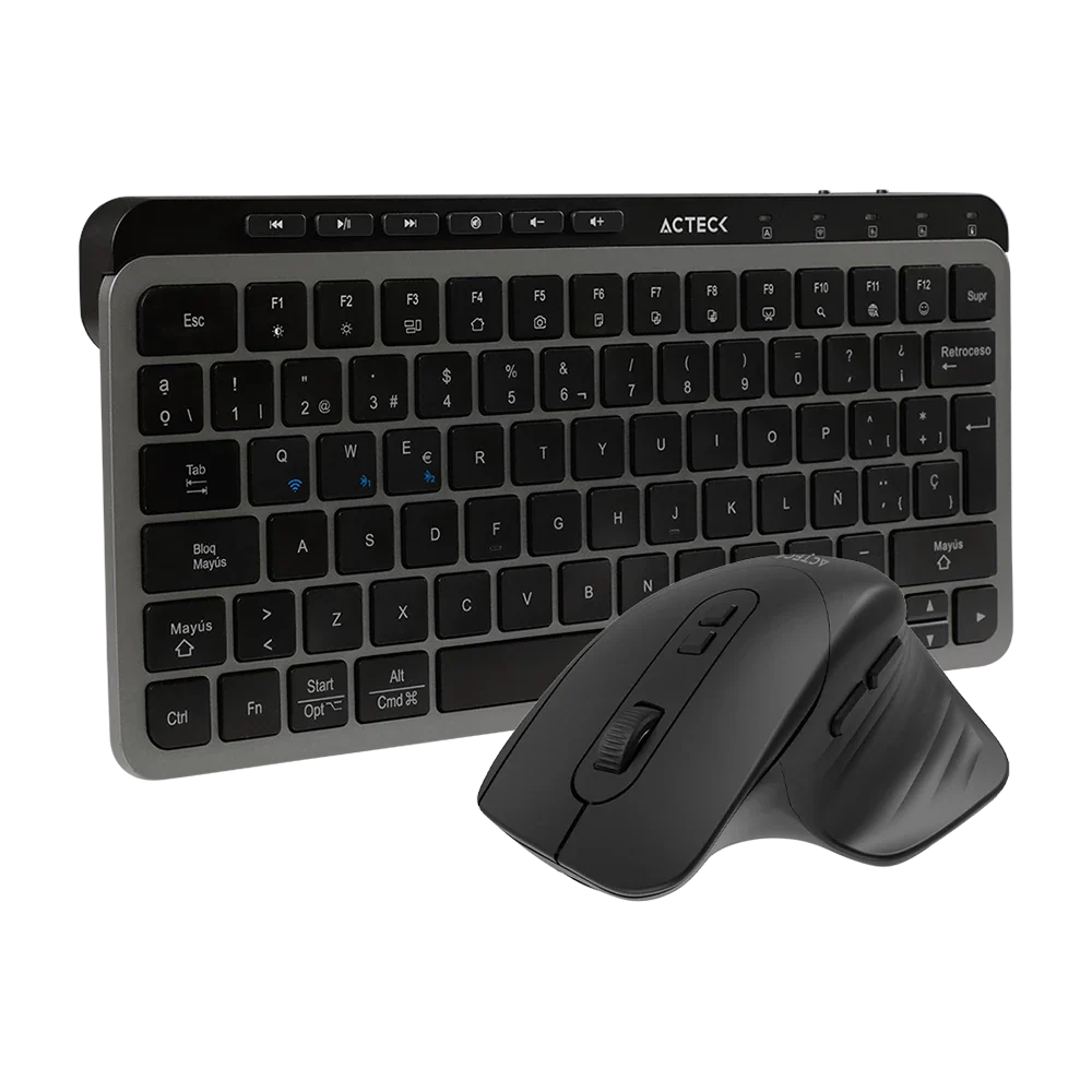 Kit Acteck Creator Krea MK750 — Teclado y Mouse Inalámbricos, con conectividad dual (Bluetooth + dongle), multidispositivo, recargable, teclado en español de 118 teclas y mouse óptico de hasta 2000 DPI, color negro-gris.