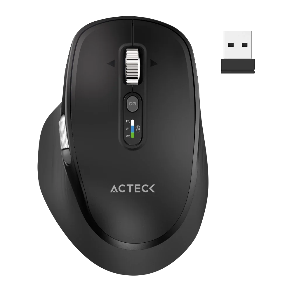 Mouse Acteck Virtuos Pro Ultra MI777 Inalámbrico Dual Ergonómico Recargable — versión en color negro, con conectividad dual para múltiples dispositivos.