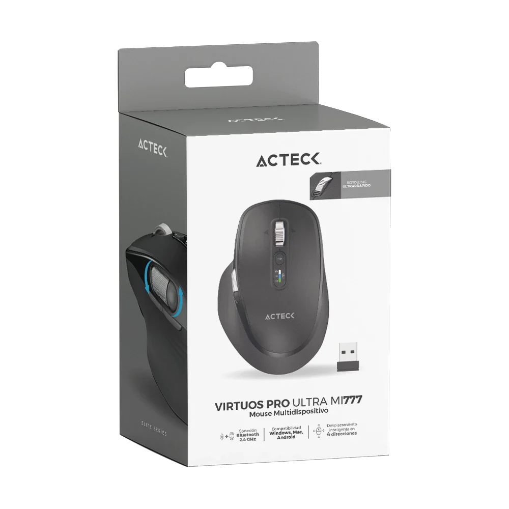 Mouse Acteck Virtuos Pro Ultra MI777 Inalámbrico Dual Ergonómico Recargable — versión en color negro, con conectividad dual para múltiples dispositivos.