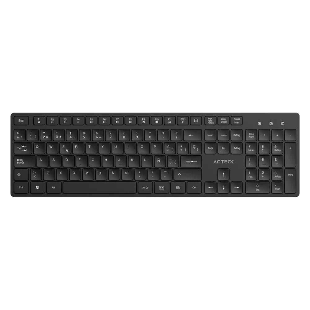 Teclado Acteck Vantage Aero TI555 — Inalámbrico, con dongle USB, teclas multimedia, 105 teclas con distribución en español, compatible con Windows, color negro.