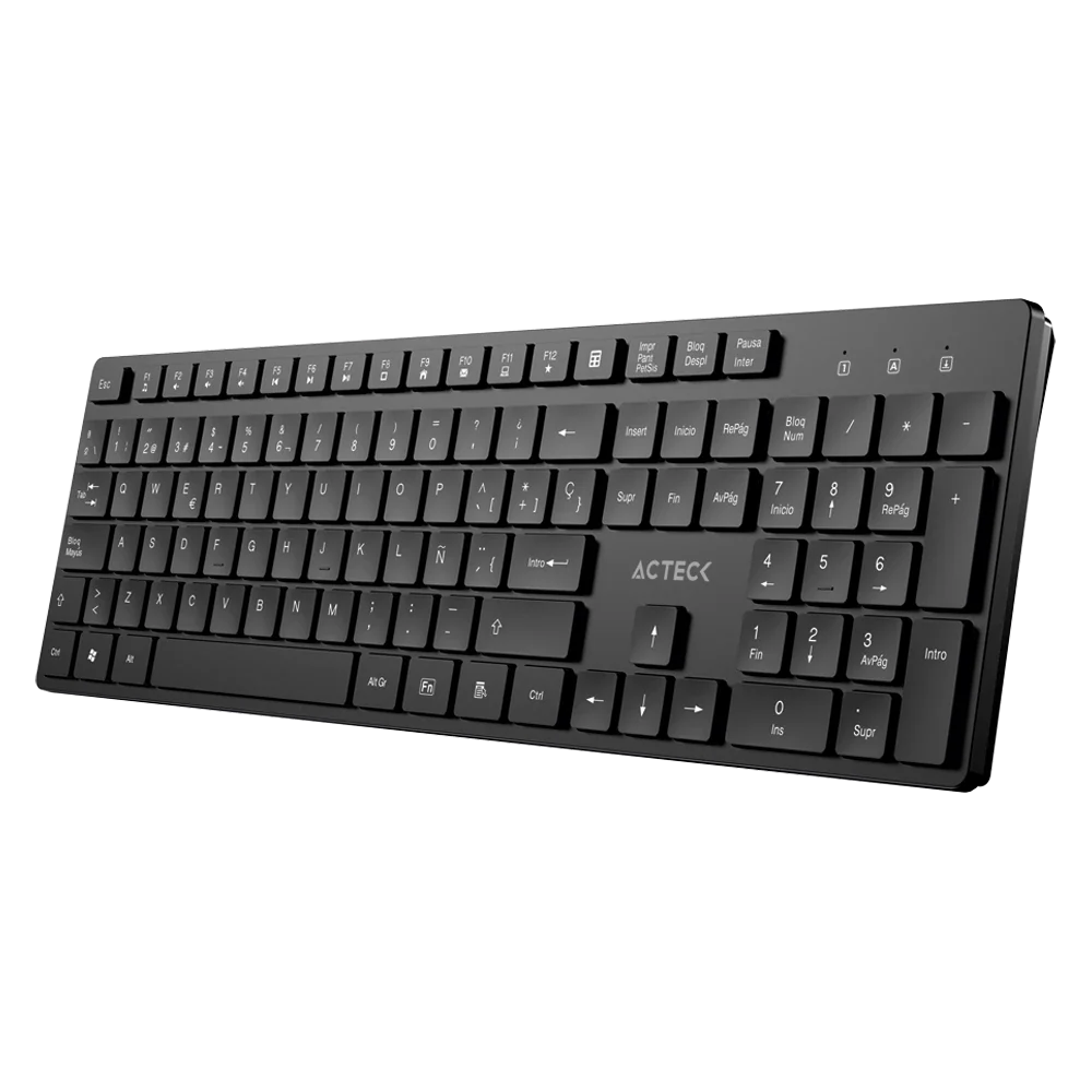 Teclado Acteck Vantage Aero TI555 — Inalámbrico, con dongle USB, teclas multimedia, 105 teclas con distribución en español, compatible con Windows, color negro.
