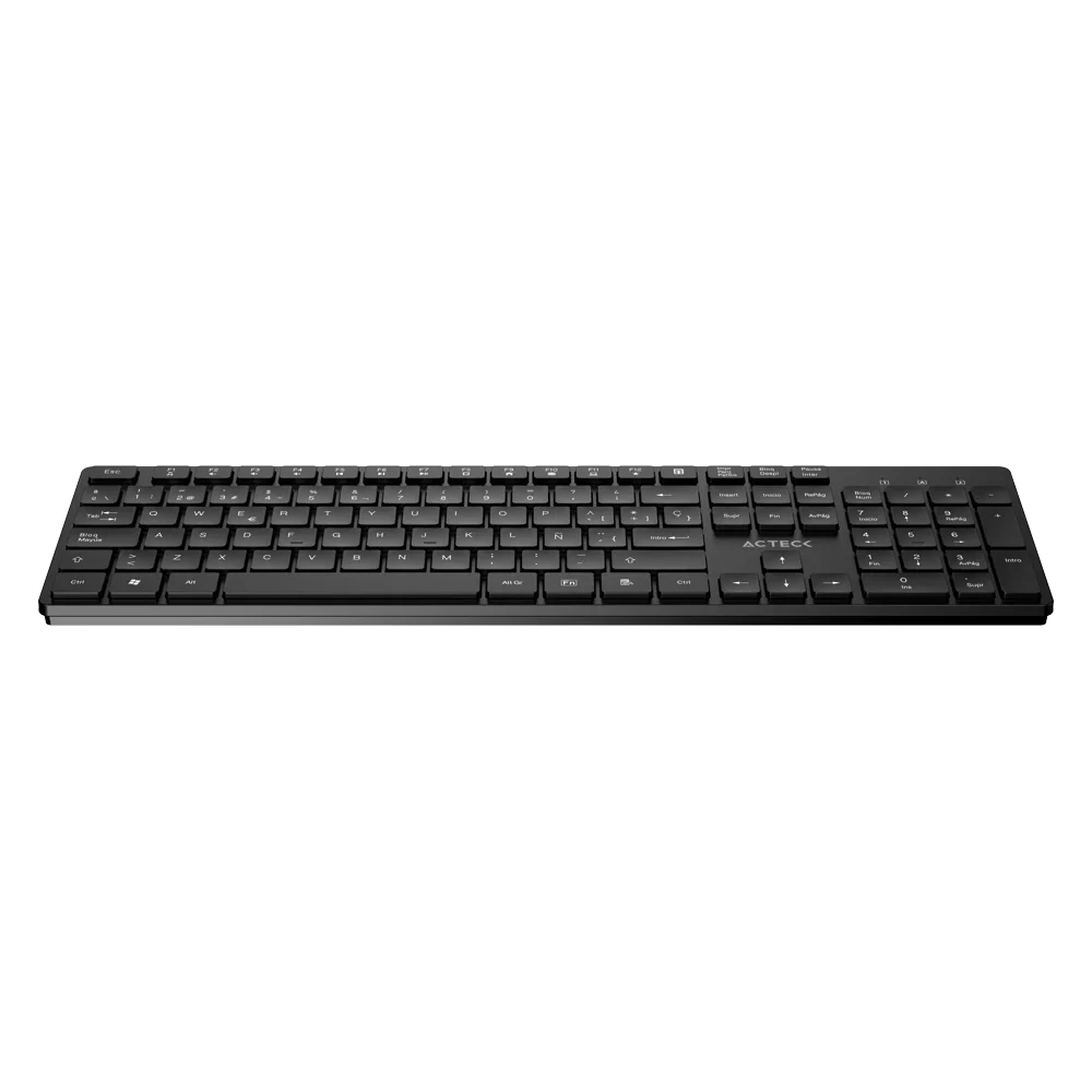 Teclado Acteck Vantage Aero TI555 — Inalámbrico, con dongle USB, teclas multimedia, 105 teclas con distribución en español, compatible con Windows, color negro.