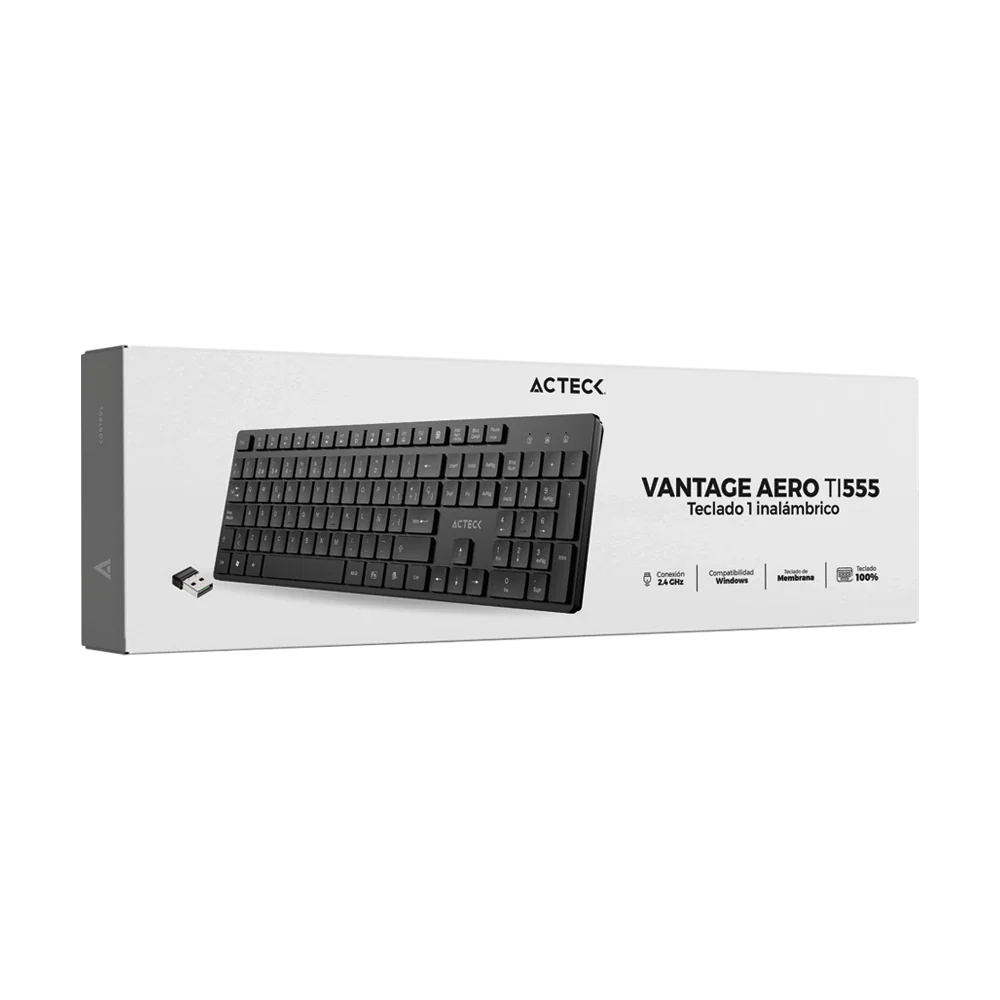 Teclado Acteck Vantage Aero TI555 — Inalámbrico, con dongle USB, teclas multimedia, 105 teclas con distribución en español, compatible con Windows, color negro.