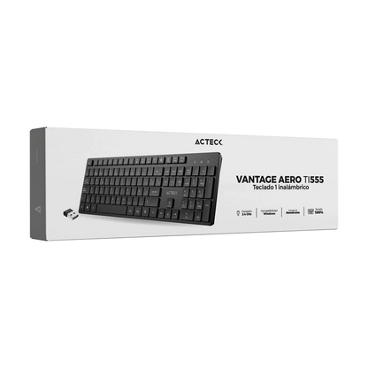 Teclado Acteck Vantage Aero TI555 — Inalámbrico, con dongle USB, teclas multimedia, 105 teclas con distribución en español, compatible con Windows, color negro.