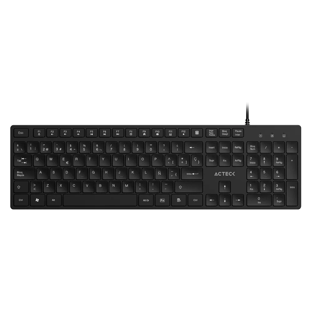 Teclado Acteck Vantage Aero TA545 — Alámbrico USB, con teclas multimedia, 105 teclas con distribución en español, tecnología de membrana, compatible con Windows, color negro.