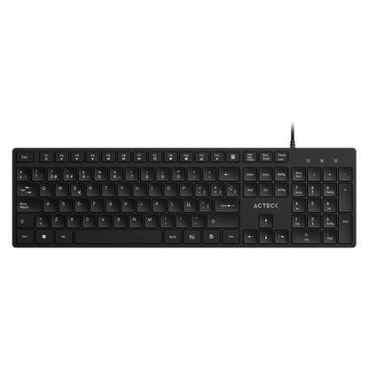 Teclado Acteck Vantage Aero TA545 — Alámbrico USB, con teclas multimedia, 105 teclas con distribución en español, tecnología de membrana, compatible con Windows, color negro.