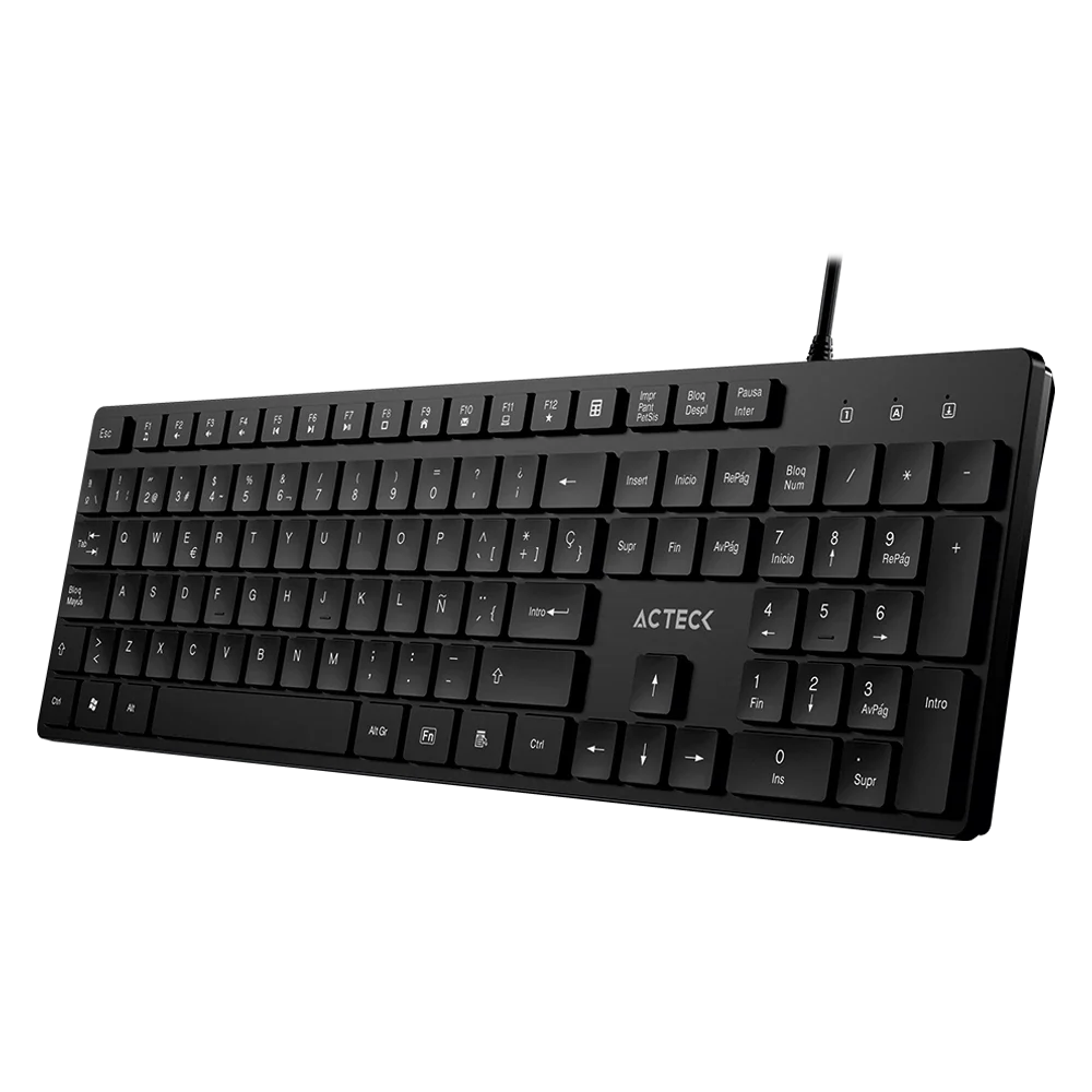 Teclado Acteck Vantage Aero TA545 — Alámbrico USB, con teclas multimedia, 105 teclas con distribución en español, tecnología de membrana, compatible con Windows, color negro.