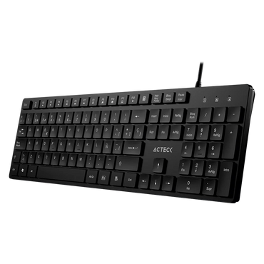 Teclado Acteck Vantage Aero TA545 — Alámbrico USB, con teclas multimedia, 105 teclas con distribución en español, tecnología de membrana, compatible con Windows, color negro.