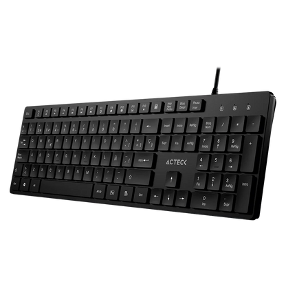 Teclado Acteck Vantage Aero TA545 — Alámbrico USB, con teclas multimedia, 105 teclas con distribución en español, tecnología de membrana, compatible con Windows, color negro.