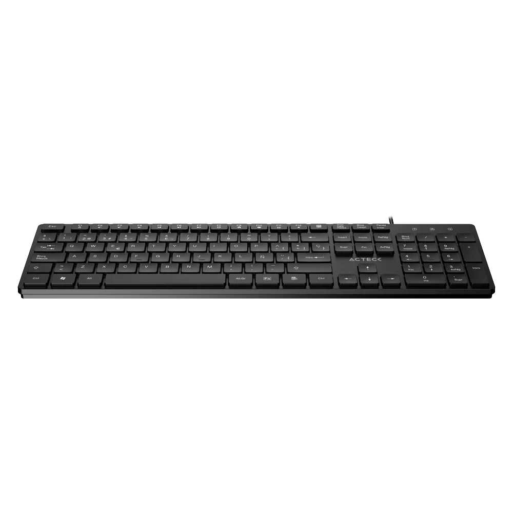 Teclado Acteck Vantage Aero TA545 — Alámbrico USB, con teclas multimedia, 105 teclas con distribución en español, tecnología de membrana, compatible con Windows, color negro.