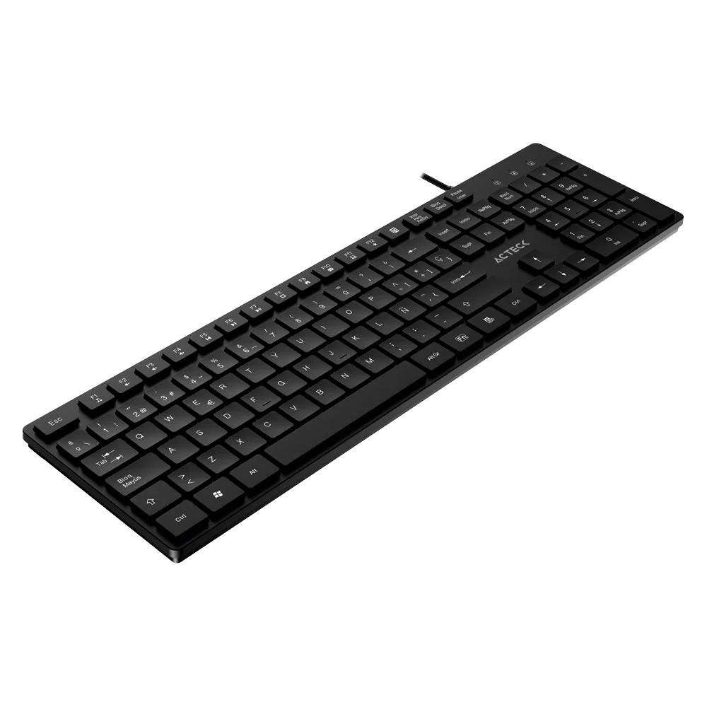 Teclado Acteck Vantage Aero TA545 — Alámbrico USB, con teclas multimedia, 105 teclas con distribución en español, tecnología de membrana, compatible con Windows, color negro.