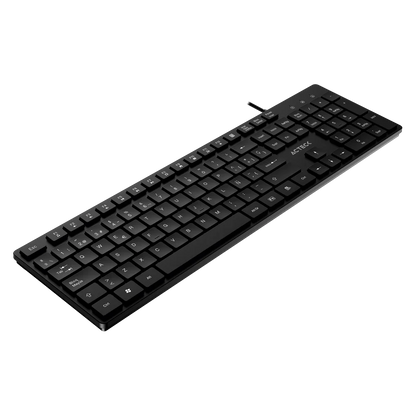 Teclado Acteck Vantage Aero TA545 — Alámbrico USB, con teclas multimedia, 105 teclas con distribución en español, tecnología de membrana, compatible con Windows, color negro.