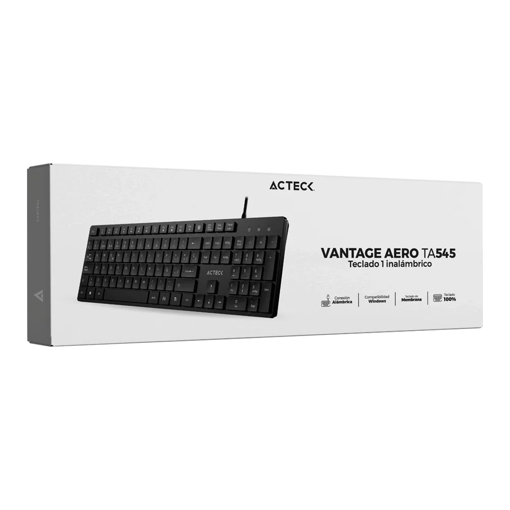 Teclado Acteck Vantage Aero TA545 — Alámbrico USB, con teclas multimedia, 105 teclas con distribución en español, tecnología de membrana, compatible con Windows, color negro.