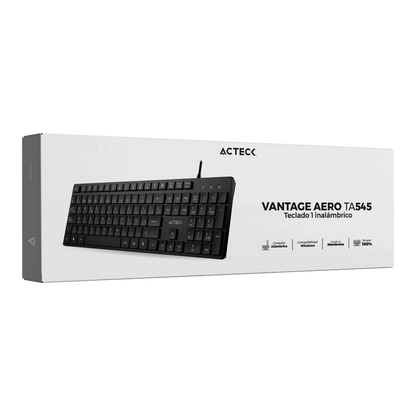 Teclado Acteck Vantage Aero TA545 — Alámbrico USB, con teclas multimedia, 105 teclas con distribución en español, tecnología de membrana, compatible con Windows, color negro.