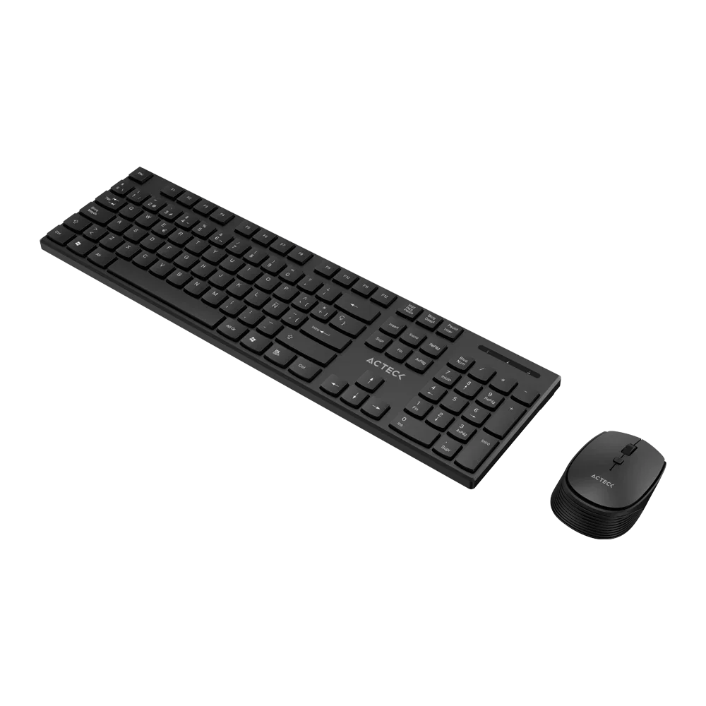 Kit Acteck Creator Vantage Prime MK555 — Teclado y Mouse Inalámbricos con dongle USB, diseño ergonómico, teclado en español de 105 teclas con membrana, y mouse óptico con 1600 DPI ajustable y 4 botones, color negro.