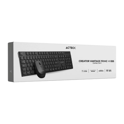 Kit Acteck Creator Vantage Prime MK555 — Teclado y Mouse Inalámbricos con dongle USB, diseño ergonómico, teclado en español de 105 teclas con membrana, y mouse óptico con 1600 DPI ajustable y 4 botones, color negro.