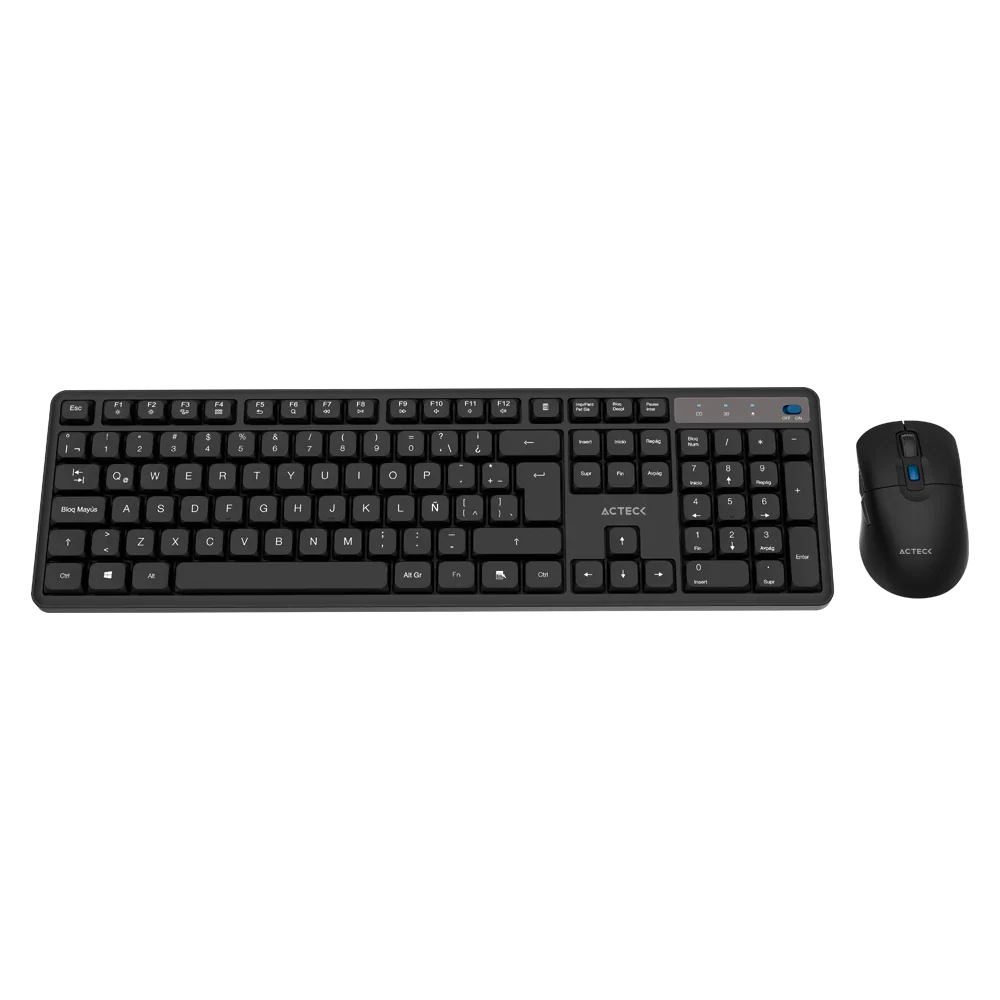 Kit Acteck Creator Silent Pro MK474 — Teclado y Mouse Inalámbricos con dongle USB, compatible con Windows, macOS y Android, teclado ergonómico de 106 teclas, y mouse óptico con 5000 DPI ajustable y 6 botones, color negro.