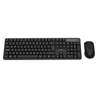 Kit Acteck Creator Silent Pro MK474 — Teclado y Mouse Inalámbricos con dongle USB, compatible con Windows, macOS y Android, teclado ergonómico de 106 teclas, y mouse óptico con 5000 DPI ajustable y 6 botones, color negro.