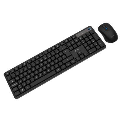 Kit Acteck Creator Silent Pro MK474 — Teclado y Mouse Inalámbricos con dongle USB, compatible con Windows, macOS y Android, teclado ergonómico de 106 teclas, y mouse óptico con 5000 DPI ajustable y 6 botones, color negro.