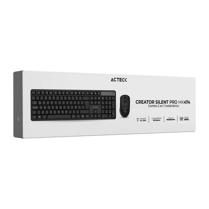 Kit Acteck Creator Silent Pro MK474 — Teclado y Mouse Inalámbricos con dongle USB, compatible con Windows, macOS y Android, teclado ergonómico de 106 teclas, y mouse óptico con 5000 DPI ajustable y 6 botones, color negro.
