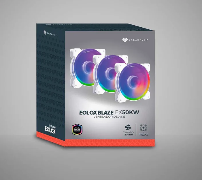 Kit de Ventiladores Balam Rush Eolox Blaze EX50KW (BR-937993) - Pack de 3 Piezas de 120mm, Flujo de Aire de 28.76 CFM, 1500 RPM, Iluminación RGB y Diseño Silencioso (Color Blanco)