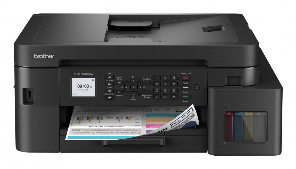 Multifuncional Tinta Continua Brother MFCT930DW, impresión dúplex, 30 ppm negro/26 ppm color, Wifi 2.4/5Ghz, Ethernet, cama plana color tamaño carta