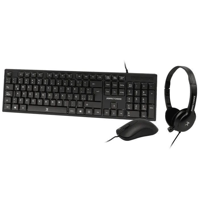 Kit 3 en 1 Perfect Choice - Teclado, Mouse y Diadema con Micrófono Integrado, Conexión Alámbrica (USB / 3.5 mm), Color Negro