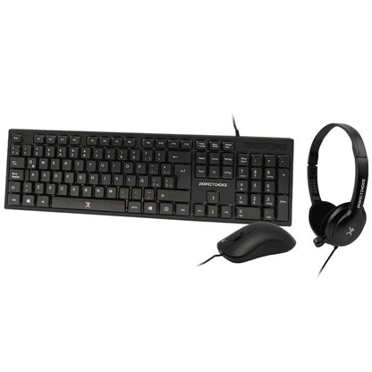 Kit 3 en 1 Perfect Choice - Teclado, Mouse y Diadema con Micrófono Integrado, Conexión Alámbrica (USB / 3.5 mm), Color Negro