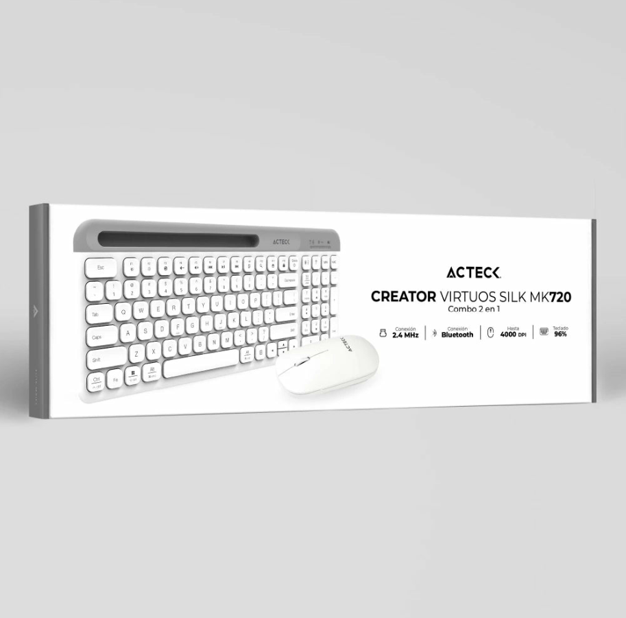 Kit Acteck Creator Virtuos Silk MK720 (AC-936262) Teclado y Mouse Inalámbricos con Conexión Dual (Bluetooth y USB), Recargables, Hasta 4000 DPI (Color Blanco)