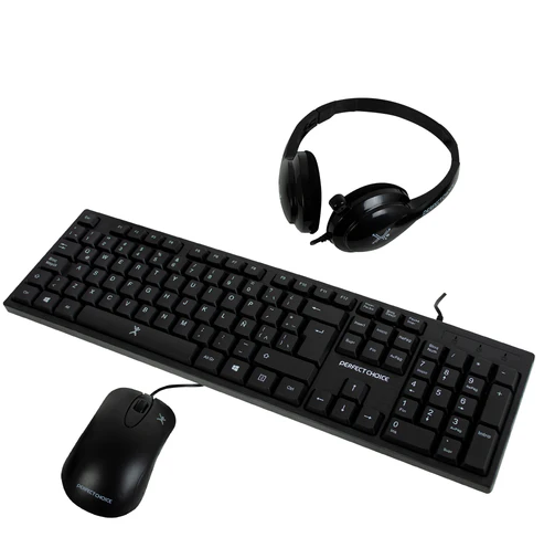 Kit 3 en 1 Perfect Choice - Teclado, Mouse y Diadema con Micrófono Integrado, Conexión Alámbrica (USB / 3.5 mm), Color Negro