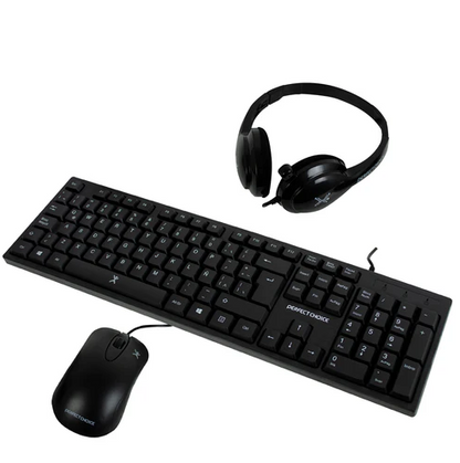 Kit 3 en 1 Perfect Choice - Teclado, Mouse y Diadema con Micrófono Integrado, Conexión Alámbrica (USB / 3.5 mm), Color Negro
