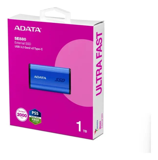 SSD Externo ADATA SE880 1TB. Interfaz USB 3.2 Gen 2 X2, Puerto USB-C Azul